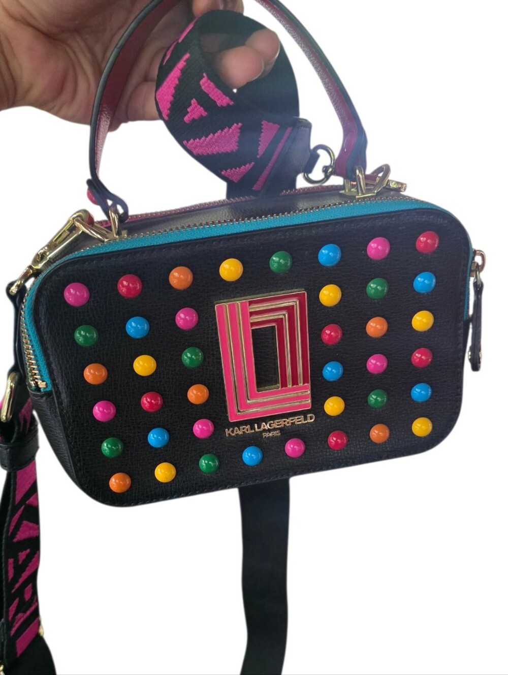 Karl Lagerfeld Black Leather Crossbody with Multicolor Studs